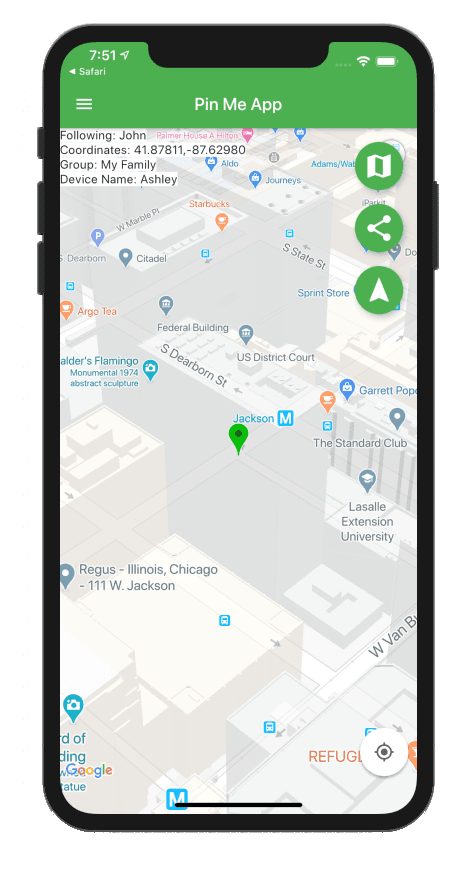 Pin Me app showing group members on a map